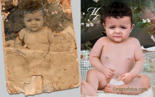 Restauração e colorização de foto manchada e danificada de bebê.