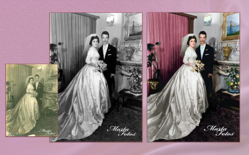 Foto antiga de casamento trazida à vida em cores.