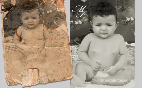 Foto de bebê antiga e estragada recuperada através do trabalho de restauração.